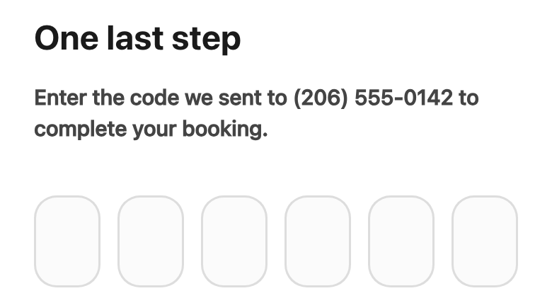 The One last step screen: the line asking for the code sent to the phone number, and six boxes for the code.